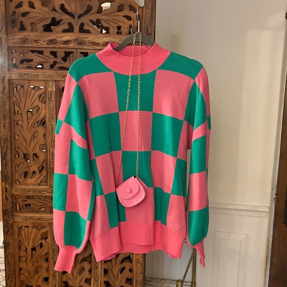 gentle warm Sweaters - Pink and Green Checkered Turtleneck Sweater - free pink mini bag with purchase!